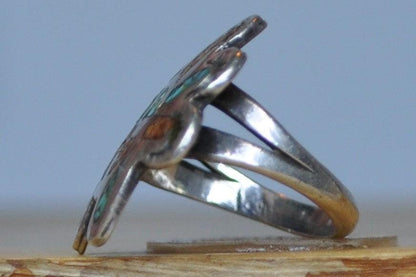 Southwest Native Turquoise Red Coral Inlay Sunface Kachina Ring - Size 5 - Tested Sterling Silver - Tawa Kachina - Hopi Jewelry