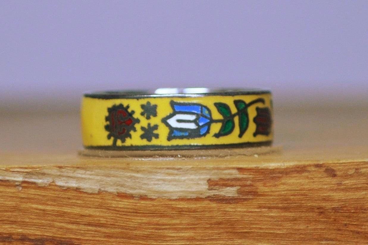 Vintage Silver Yellow Enamel Floral Ring - Size 6 - Stamped and Tested Sterling Silver - Tulips and Pansies - Thailand Jewelry