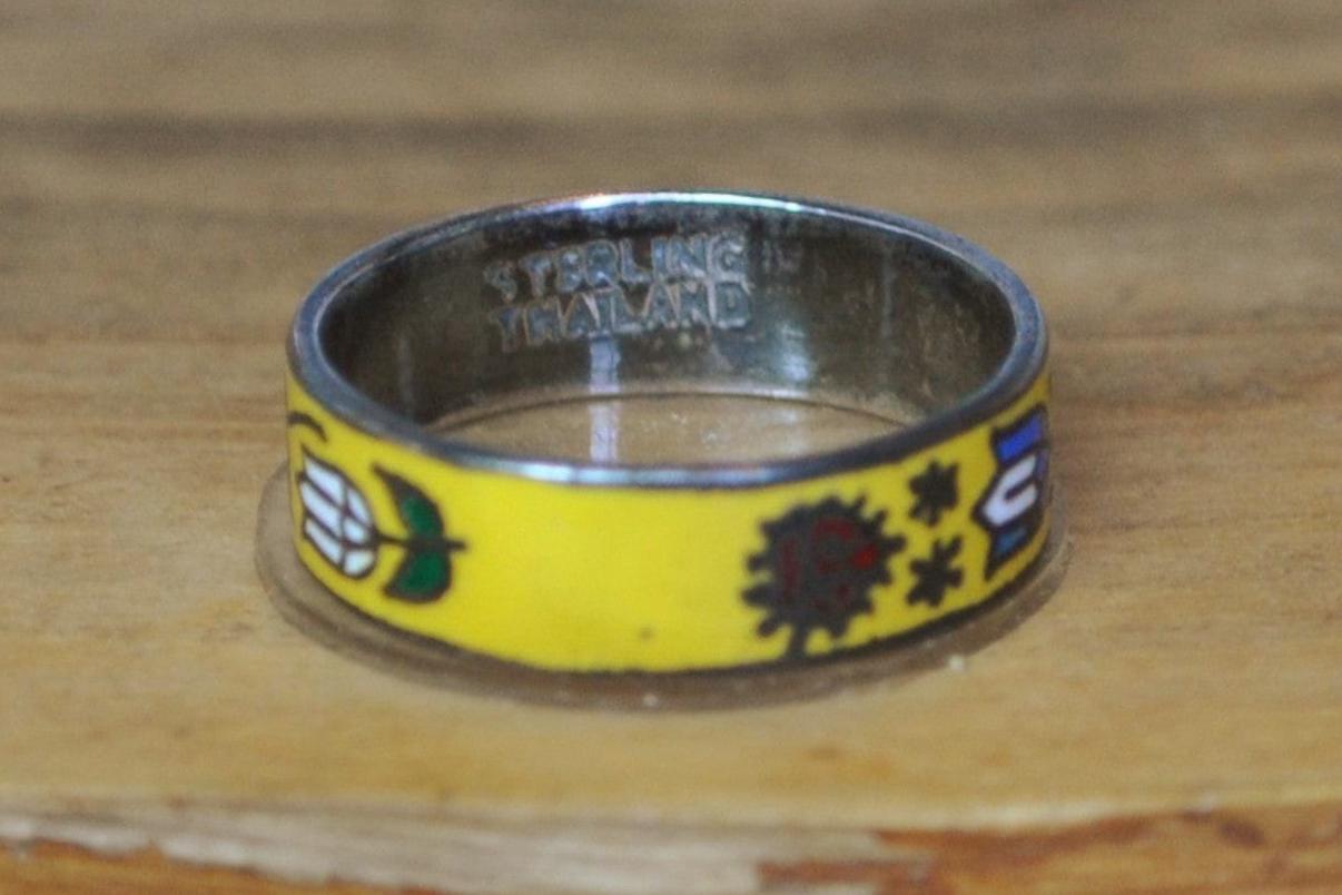 Vintage Silver Yellow Enamel Floral Ring - Size 6 - Stamped and Tested Sterling Silver - Tulips and Pansies - Thailand Jewelry