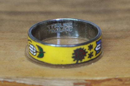 Vintage Silver Yellow Enamel Floral Ring - Size 6 - Stamped and Tested Sterling Silver - Tulips and Pansies - Thailand Jewelry