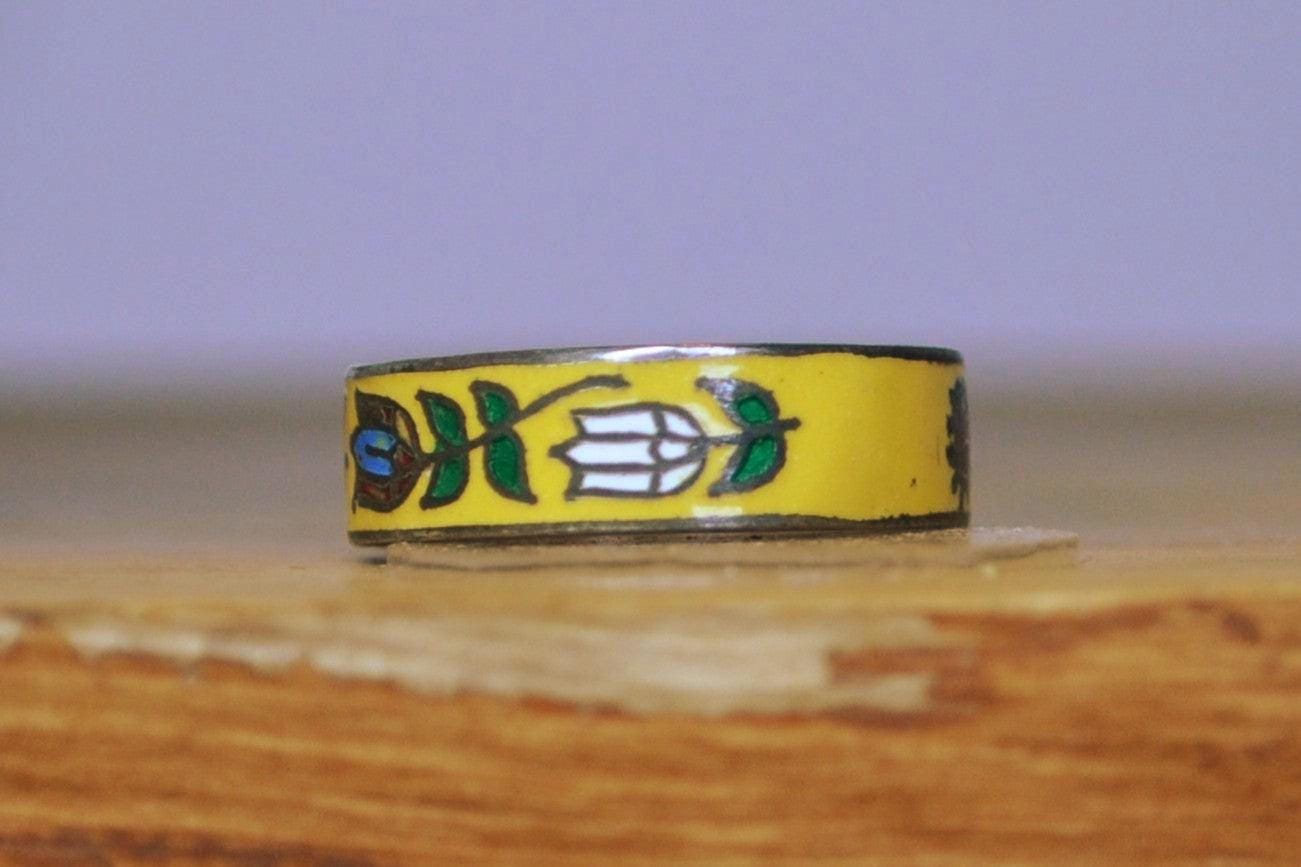 Vintage Silver Yellow Enamel Floral Ring - Size 6 - Stamped and Tested Sterling Silver - Tulips and Pansies - Thailand Jewelry