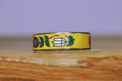 Vintage Silver Yellow Enamel Floral Ring - Size 6 - Stamped and Tested Sterling Silver - Tulips and Pansies - Thailand Jewelry