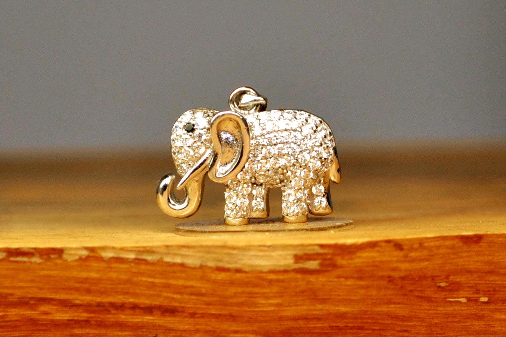 Sparkling Studded Elephant Pendant - Stamped and Tested Sterling Silver - Diamond Pattern Filigree - Asian/African Jewelry