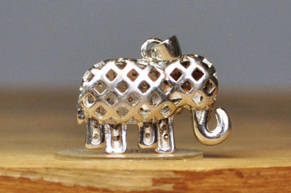 Sparkling Studded Elephant Pendant - Stamped and Tested Sterling Silver - Diamond Pattern Filigree - Asian/African Jewelry