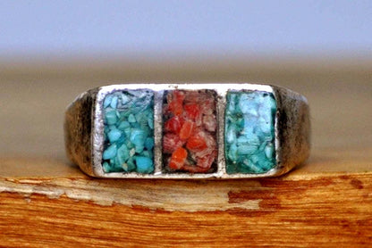Southwest Native Turquoise Red Coral Inlay Tri-Block Style Band Ring - Size 10.5 - Tested Sterling Silver - Zuni Turquoise and Red Coral