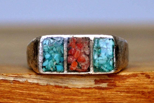 Southwest Native Turquoise Red Coral Inlay Tri-Block Style Band Ring - Size 10.5 - Tested Sterling Silver - Zuni Turquoise and Red Coral