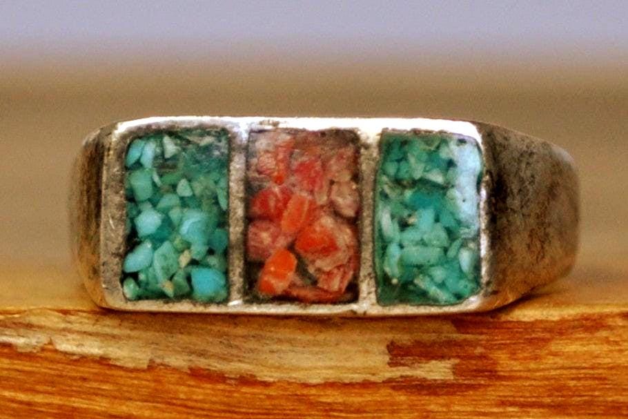 Southwest Native Turquoise Red Coral Inlay Tri-Block Style Band Ring - Size 10.5 - Tested Sterling Silver - Zuni Turquoise and Red Coral