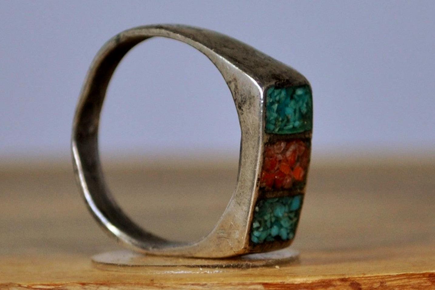 Southwest Native Turquoise Red Coral Inlay Tri-Block Style Band Ring - Size 10.5 - Tested Sterling Silver - Zuni Turquoise and Red Coral