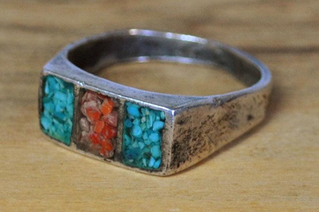 Southwest Native Turquoise Red Coral Inlay Tri-Block Style Band Ring - Size 10.5 - Tested Sterling Silver - Zuni Turquoise and Red Coral
