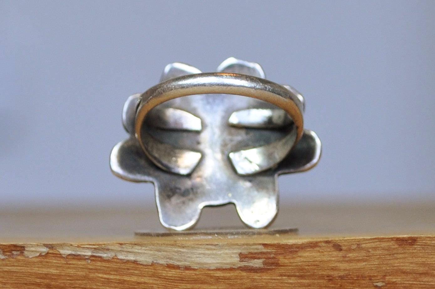 Southwest Native Turquoise Red Coral Inlay Sunface Kachina Ring - Size 5 - Tested Sterling Silver - Tawa Kachina - Hopi Jewelry