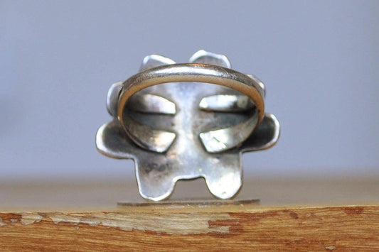 Southwest Native Turquoise Red Coral Inlay Sunface Kachina Ring - Size 5 - Tested Sterling Silver - Tawa Kachina - Hopi Jewelry