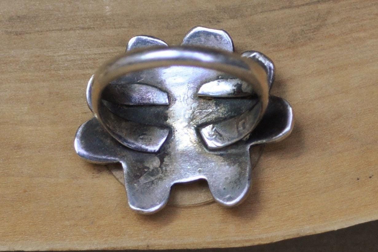 Southwest Native Turquoise Red Coral Inlay Sunface Kachina Ring - Size 5 - Tested Sterling Silver - Tawa Kachina - Hopi Jewelry