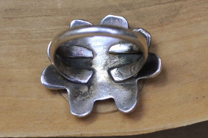 Southwest Native Turquoise Red Coral Inlay Sunface Kachina Ring - Size 5 - Tested Sterling Silver - Tawa Kachina - Hopi Jewelry