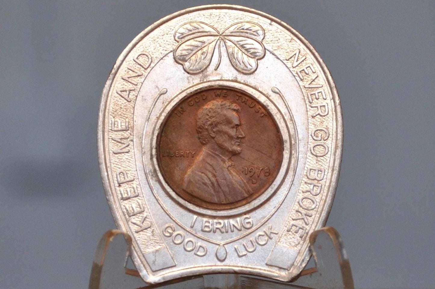 Rockingham Park NH Good Luck Token - Keep Me And Never Go Broke - I Bring Good Luck - Good Luck Pocket Piece 1978 Encased Penny