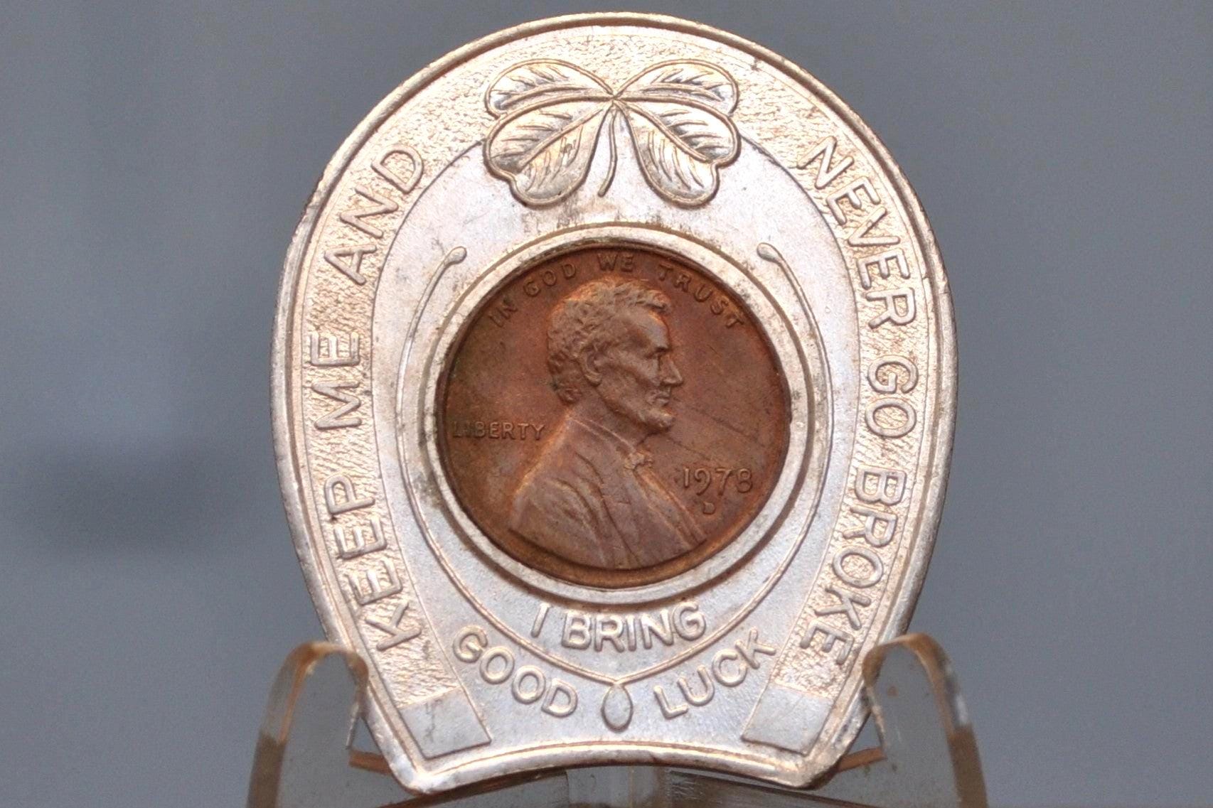 Rockingham Park NH Good Luck Token - Keep Me And Never Go Broke - I Bring Good Luck - Good Luck Pocket Piece 1978 Encased Penny