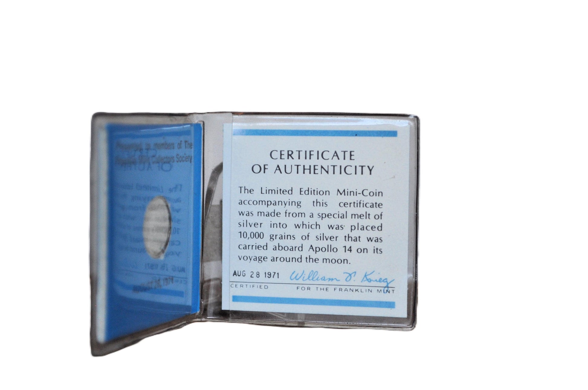 1971 Franklin Mint Apollo 14 Traveled to the Moon Mini Silver Coin and Letter