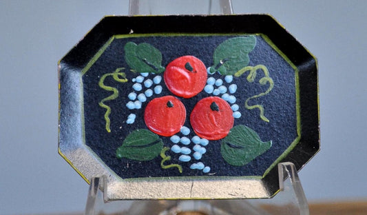 Miniature Hand-Painted Toleware Tray Vintage Brooch - Antique Miniature Fruit Design Tray Pin