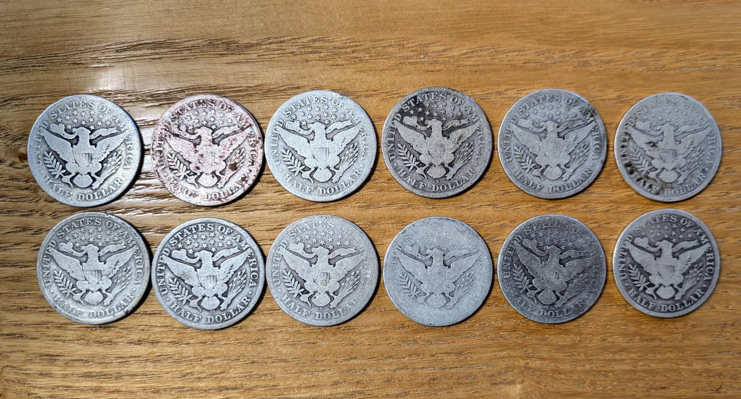 Barber Silver Half Dollar Collection - 12 Half Dollars - Various Dates and Mints - 1901-1909 - P, D, O, S