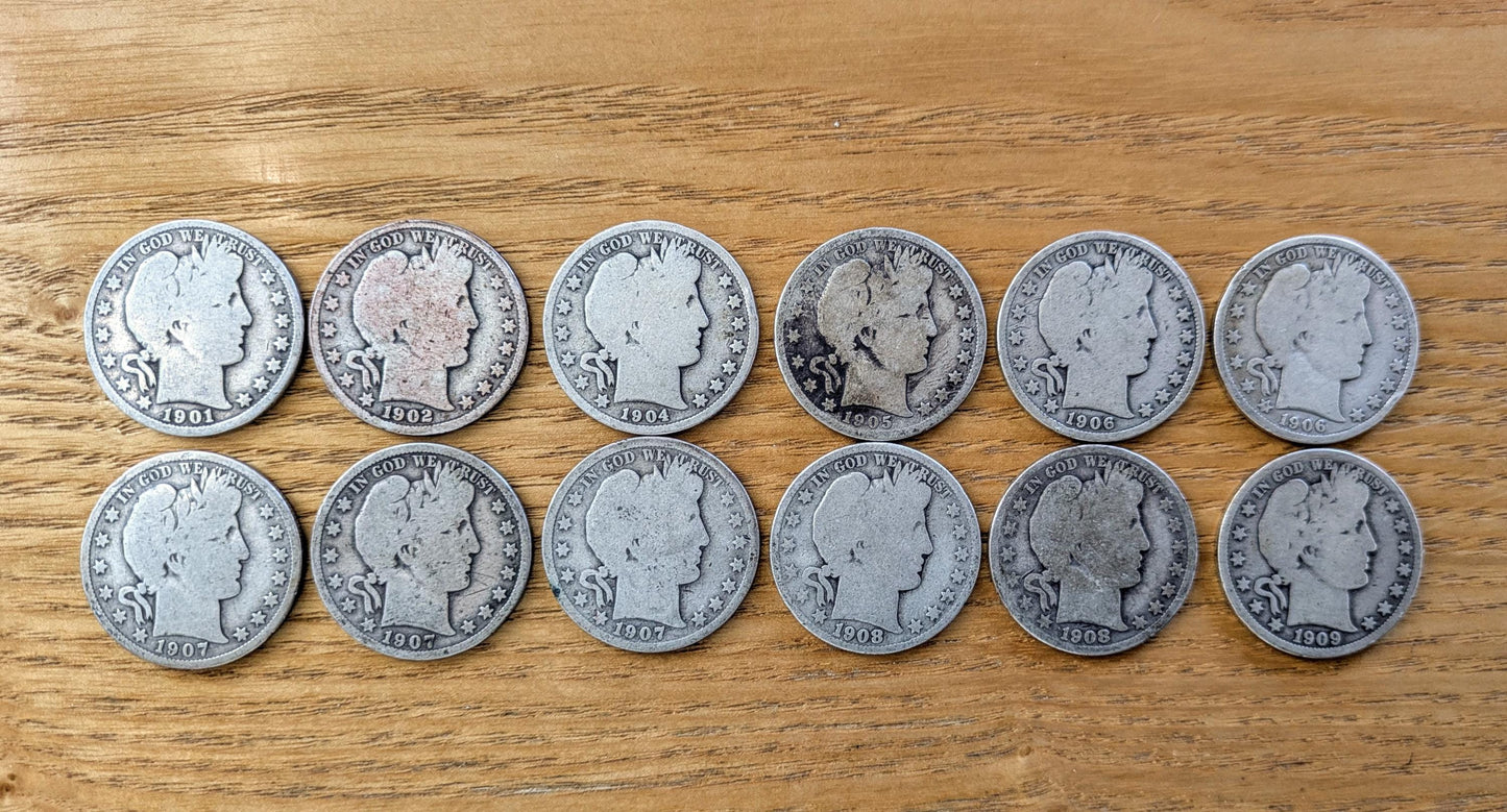 Barber Silver Half Dollar Collection - 12 Half Dollars - Various Dates and Mints - 1901-1909 - P, D, O, S