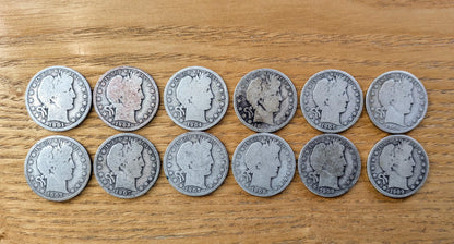 Barber Silver Half Dollar Collection - 12 Half Dollars - Various Dates and Mints - 1901-1909 - P, D, O, S