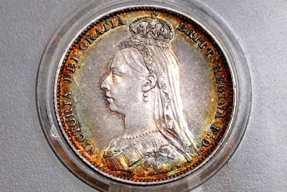 1889 Shilling - Choice AU, Rainbow Toned, Great Luster - 1889 Great Britain Silver 1 UK One Shilling 1889 Queen Victoria 1 Shilling 1889 Ste