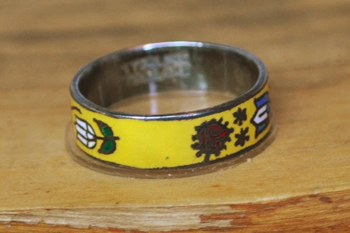 Vintage Silver Yellow Enamel Floral Ring - Size 6 - Stamped and Tested Sterling Silver - Tulips and Pansies - Thailand Jewelry
