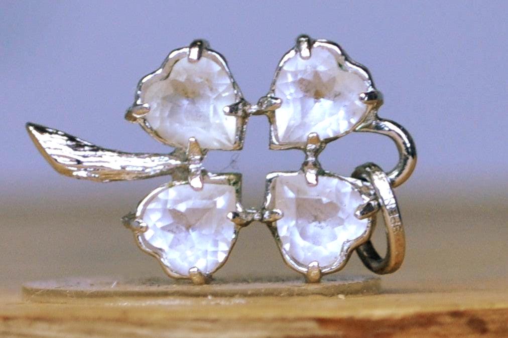 Spencer Quartz Heart Shaped Four-Leaf Clover Charm - Stamped and Tested Sterling Silver - Lucky Charm