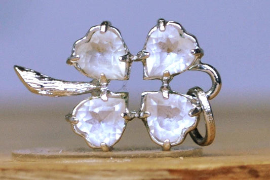 Spencer Quartz Heart Shaped Four-Leaf Clover Charm - Stamped and Tested Sterling Silver - Lucky Charm
