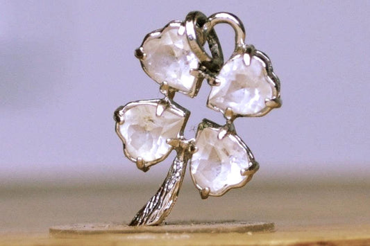 Spencer Quartz Heart Shaped Four-Leaf Clover Charm - Stamped and Tested Sterling Silver - Lucky Charm