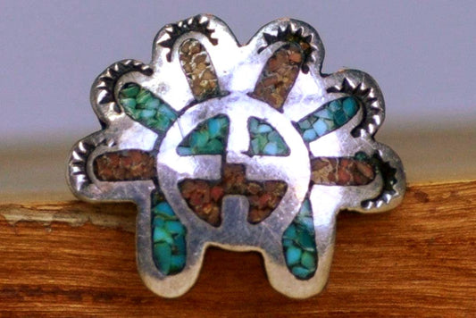 Southwest Native Turquoise Red Coral Inlay Sunface Kachina Ring - Size 5 - Tested Sterling Silver - Tawa Kachina - Hopi Jewelry