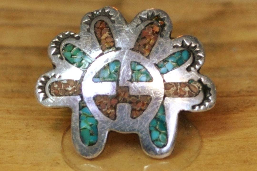 Southwest Native Turquoise Red Coral Inlay Sunface Kachina Ring - Size 5 - Tested Sterling Silver - Tawa Kachina - Hopi Jewelry