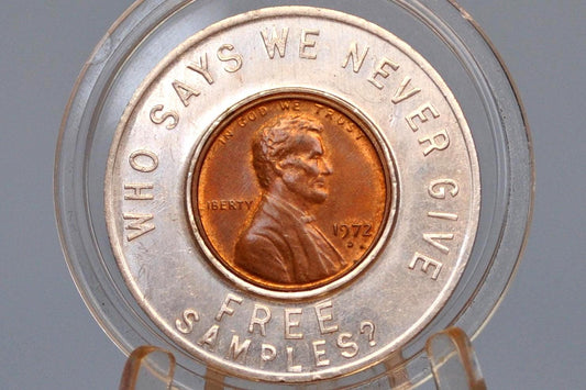 Merchant Bank Manchester NH Good Luck Token - Who says we never give free samples? - The Friendly Bank - Good Luck Pocket Piece 1972 Encased