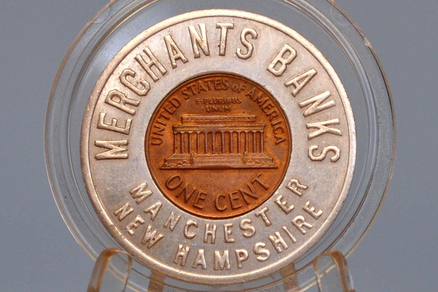 Merchant Bank Manchester NH Good Luck Token - Who says we never give free samples? - The Friendly Bank - Good Luck Pocket Piece 1972 Encased