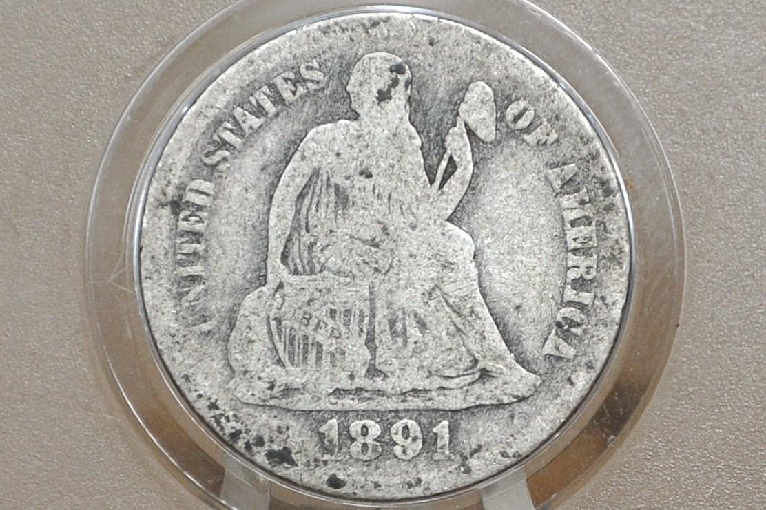 1891 Seated Liberty Dime - VG+ (Very Good-Fine) Grade / Condition - 1891 P Silver Dime / 1891 Liberty Seated Dime