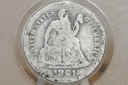1891 Seated Liberty Dime - VG+ (Very Good-Fine) Grade / Condition - 1891 P Silver Dime / 1891 Liberty Seated Dime