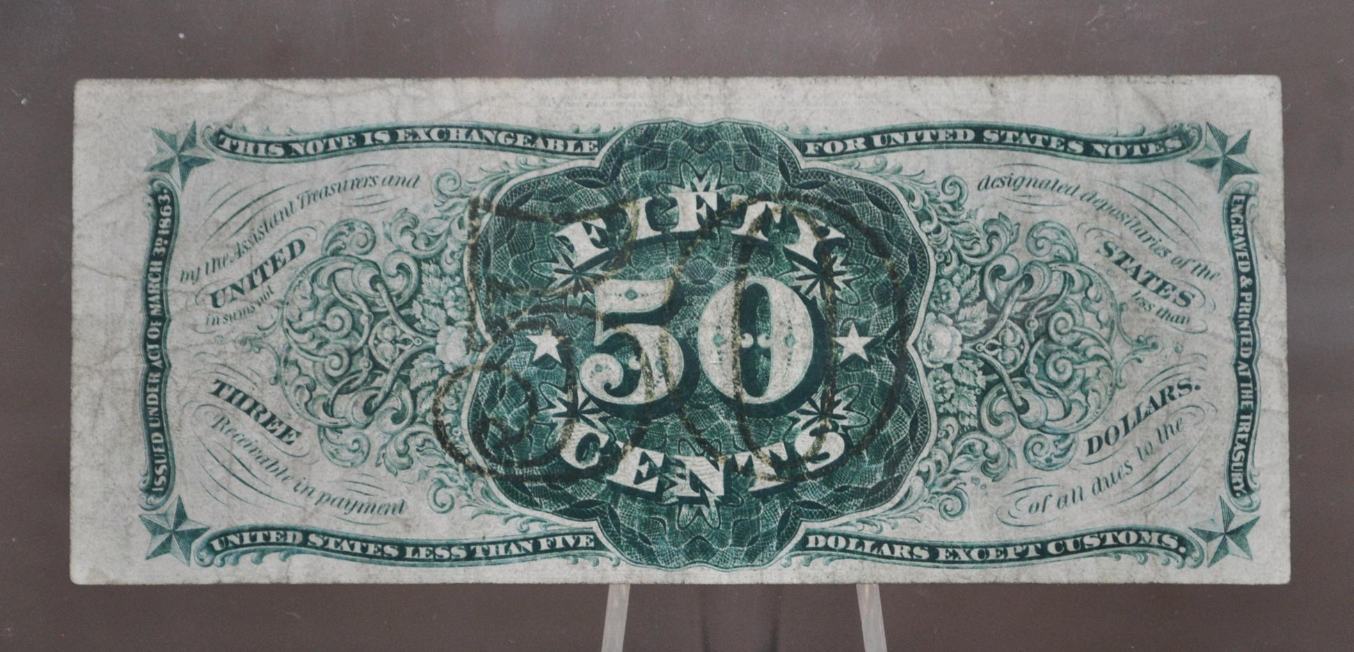 1863 US Fractional Currency 50 Cent Note - Third Issue - Design "a" only on obverse - 1863 Fifty Cent Fractional Bank Note - Fr#1342