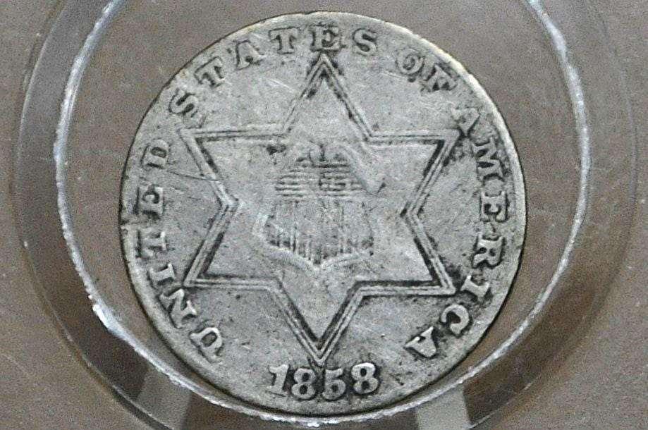 1858 Three Cent Silver US Coin, Rarer Date - AU (luster) - 1858 3 Cent Trimes Silver 3 Cent Pieces - Great Collection Coin