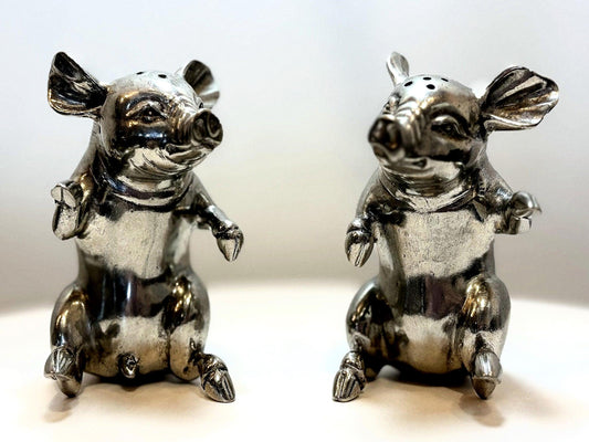 Happy Pewter Pigs By Vagabond House Salt and Pepper Shakers Set - Pig Salt and Pepper Antique Set