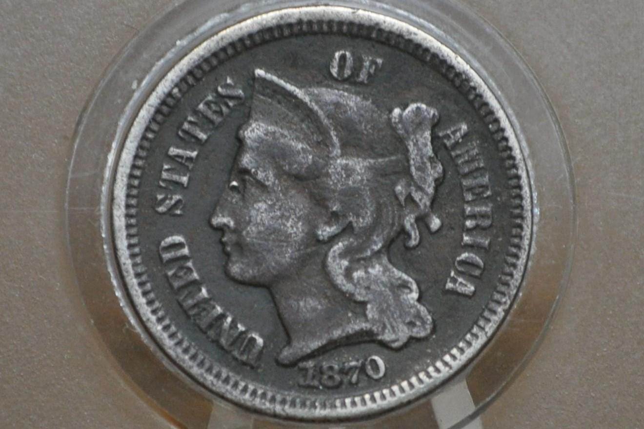 1870 Three Cent Nickel US Coin - Choose by Grade / Condition - Civil War Era - 3 Cent Nickel 1870