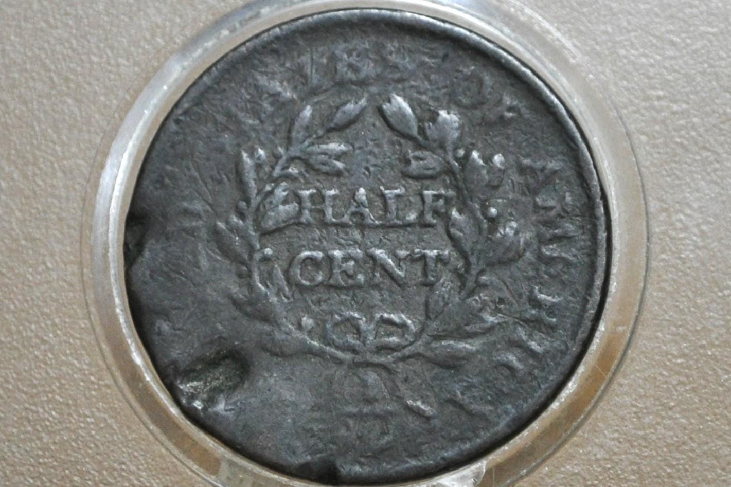 1804 Half Cent - G/VG Details, Damaged - 1804 Draped Bust Half Cent 1804 Half Cent Stemless Regular 4 -Early American Coin, Good Type Coin