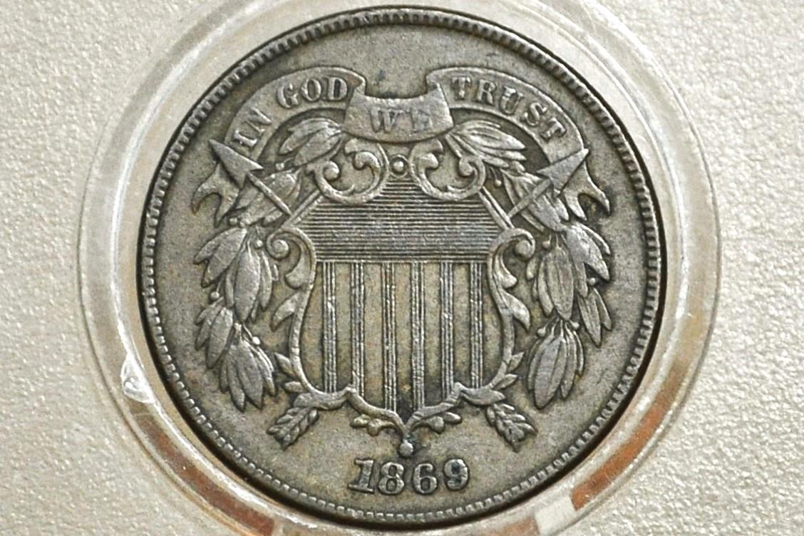 1869 Two Cent US Coin - VG-F (Very Good to Fine) Grade / Condition - Civil War Era - 2 Cent Piece 1869 - Two Cent Coins