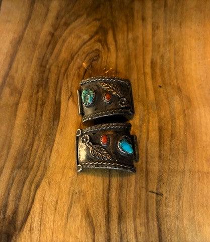 Sterling Silver Navajo Turquoise & Red Coral Feather Watch Tabs