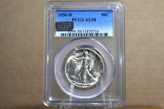 1936-D Walking Liberty Silver Half Dollar - Vg-F (Very Good - Fine) Grade / Condition - Denver Mint - 1936D Half Dollar / 1936 D Half Dollar