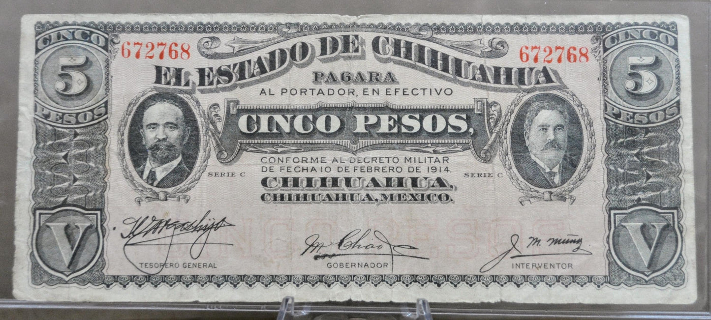 1914 Chihuahua Revolutionary 5 Pesos Note - Series C - Choose by Seal Type - 1914 Mexico Revolution Five Pesos Note - P#S531d P#S531f