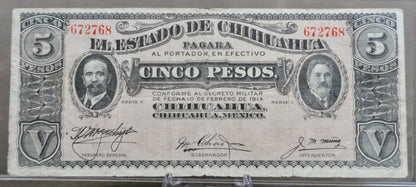 1914 Chihuahua Revolutionary 5 Pesos Note - Series C - Choose by Seal Type - 1914 Mexico Revolution Five Pesos Note - P#S531d P#S531f