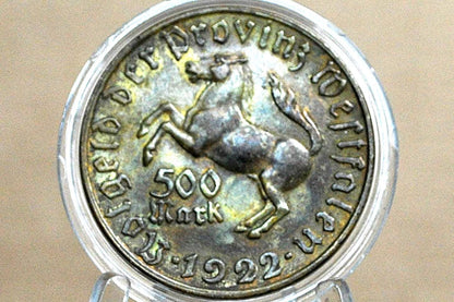 1922 500 Mark Coin Westphalia - Uncirculated, Toned - Rare - German States Five Hundred Marks Copper Baron von Stein Horse