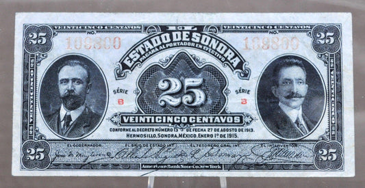 1915 El Estado de Sonora Mexico 25 Centavos Note - Series B, Decree No. 13 - 1915 Mexico Revolution Twenty-Five Centavo Note - P#S1069