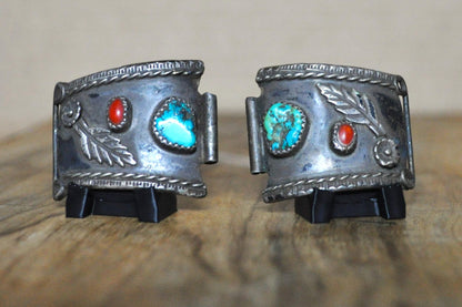 Sterling Silver Navajo Turquoise & Red Coral Feather Watch Tabs