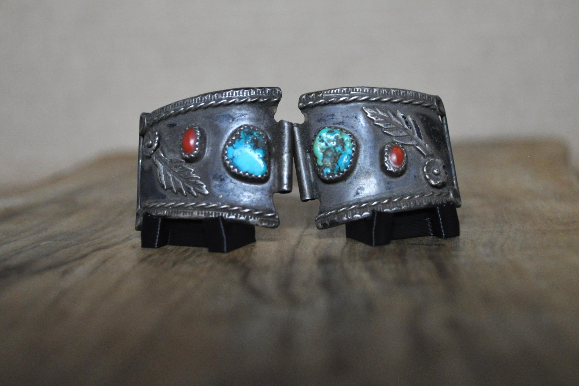 Sterling Silver Navajo Turquoise & Red Coral Feather Watch Tabs