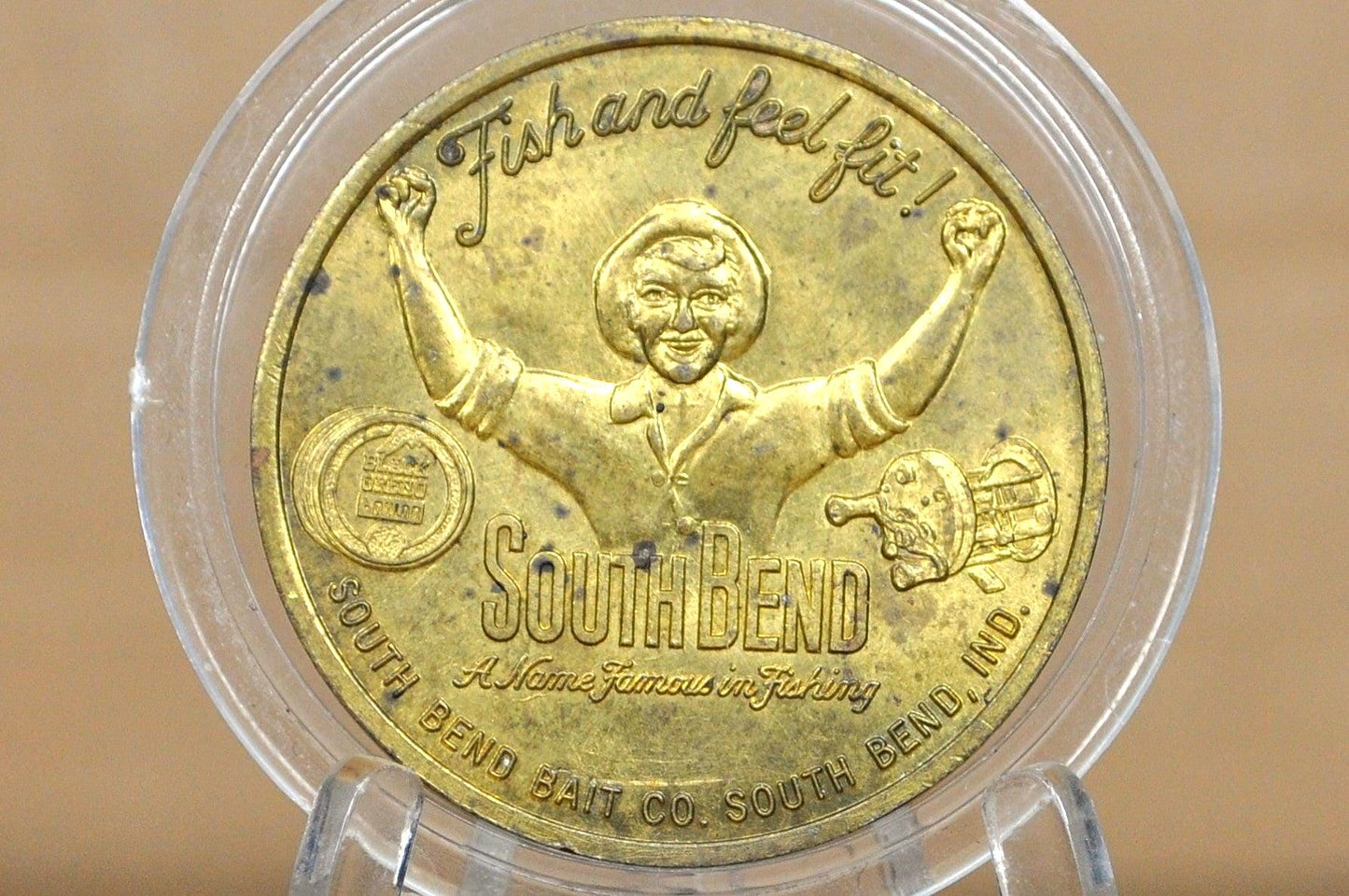 Antique South Bend Bait Co. Good Luck Token - 1939 "Fish and Feel Fit" South Bend Fishing Luck Token